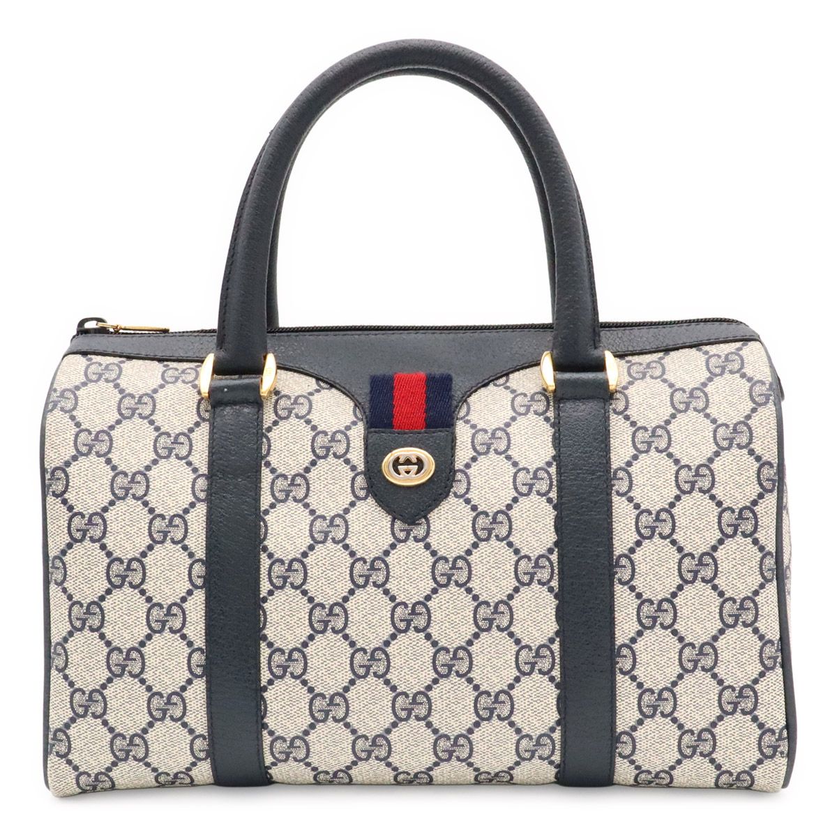 Gucci Vintage GG Plus Sherry Line Mini Boston Bag Leather Beige Navy 116.02.006