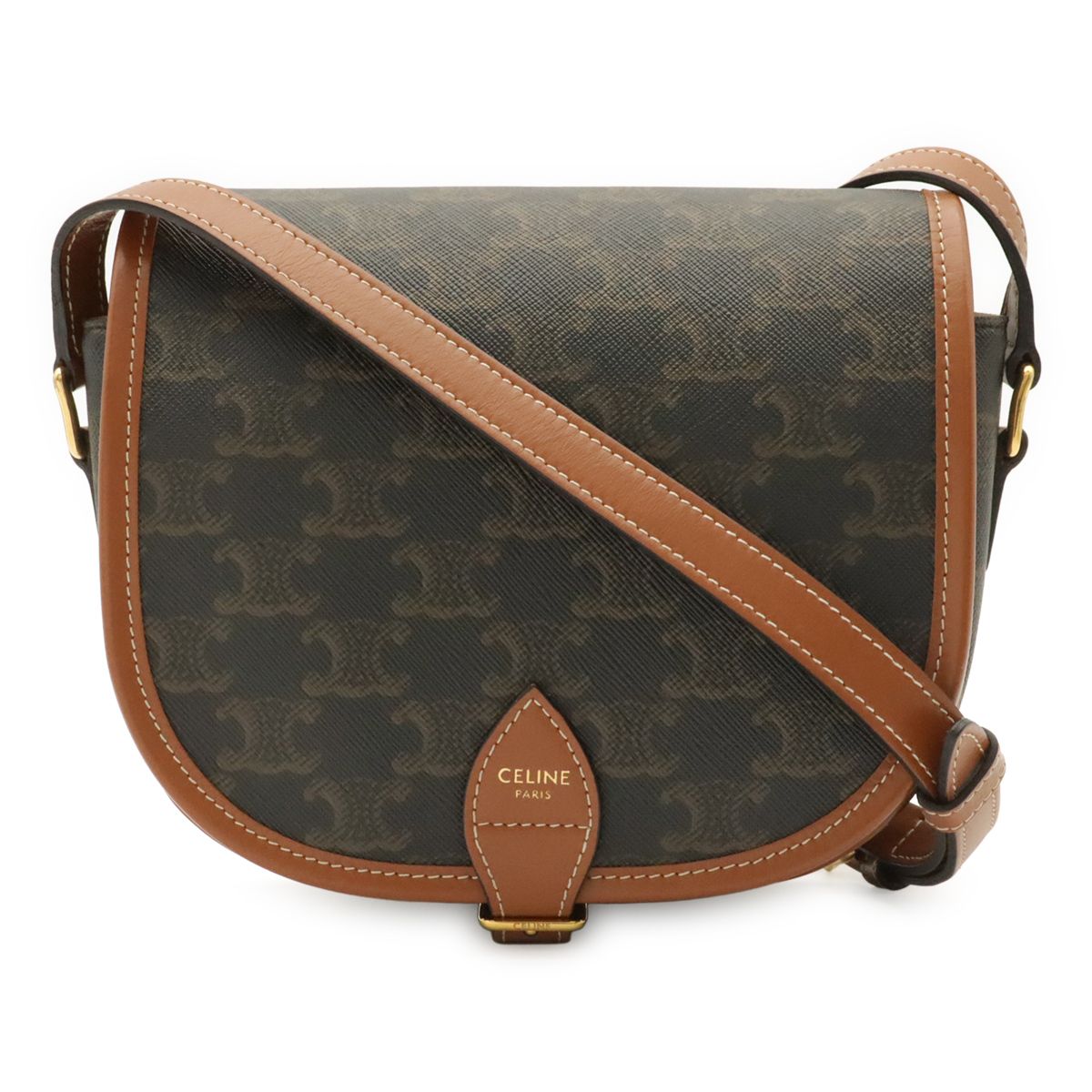 Celine Triomphe Folco Shoulder Bag Pochette Crossbody Canvas Leather Tan Dark