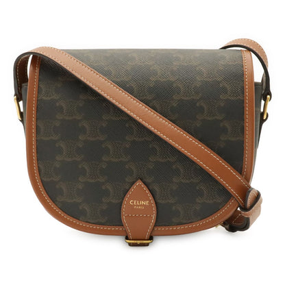 Celine Triomphe Folco Shoulder Bag Pochette Crossbody Canvas Leather Tan Dark