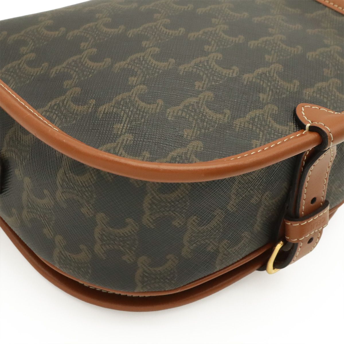 Celine Triomphe Folco Shoulder Bag Pochette Crossbody Canvas Leather Tan Dark — view 3