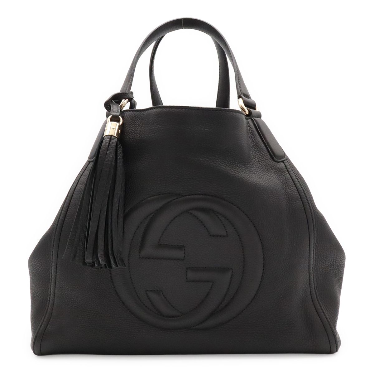 Gucci Soho Cellarius Tote Bag Shoulder Tassel Fringe Leather Black Gold