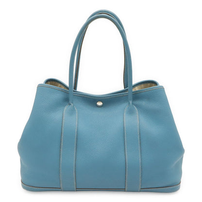 Hermes Garden Party PM Tote Shoulder Bag Negonda Leather Blue Jean Light Silver