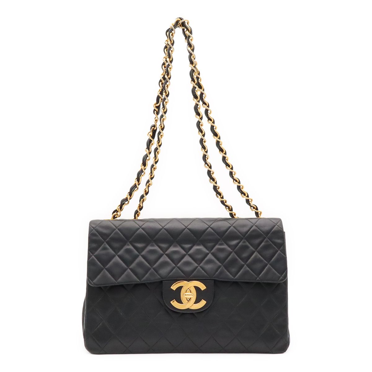 Chanel Maxi Quilted CC Logo Chain Shoulder Bag 2-Way Leather Black Gold