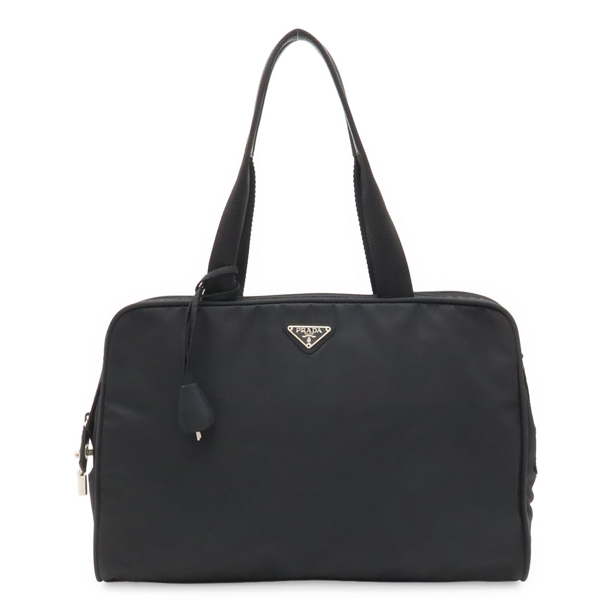 Prada Triangle Logo Business Briefcase Tote Bag Nylon Leather Black Silver