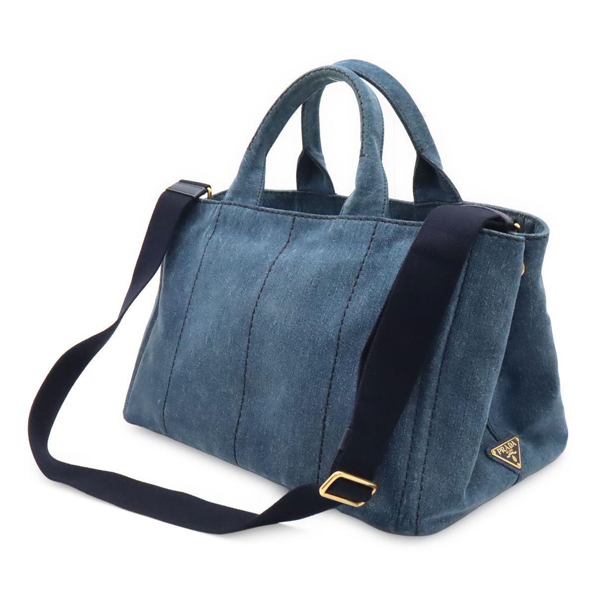 Prada Canapa Tote 2-Way Shoulder Bag Crossbody Denim Blue Gold — view 2