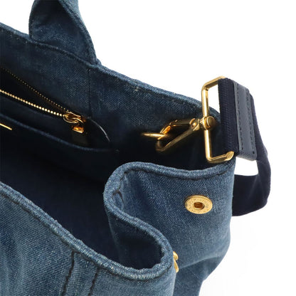 Prada Canapa Tote 2-Way Shoulder Bag Crossbody Denim Blue Gold — view 6