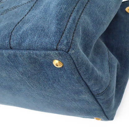 Prada Canapa Tote 2-Way Shoulder Bag Crossbody Denim Blue Gold — view 3