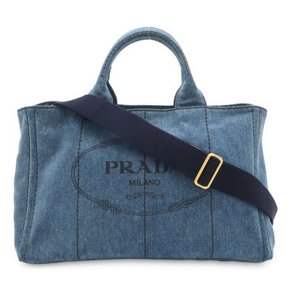 Prada Canapa Tote 2-Way Shoulder Bag Crossbody Denim Blue Gold