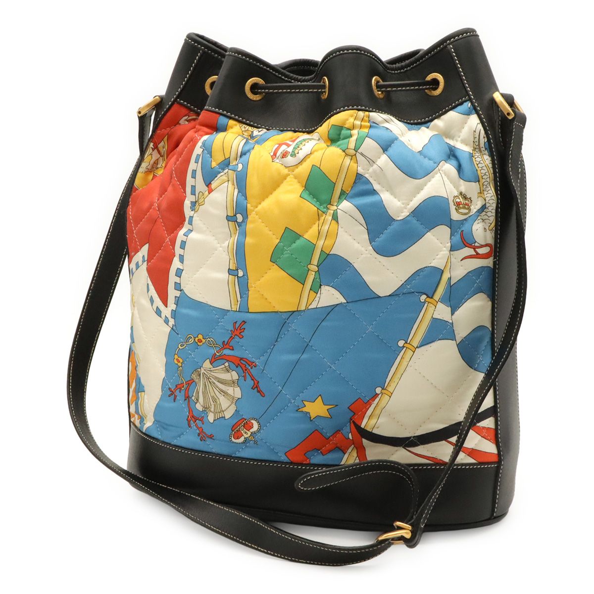 Gucci Shoulder Bag Drawstring Scarf Pattern Quilted Nylon Black Multicolor — view 2