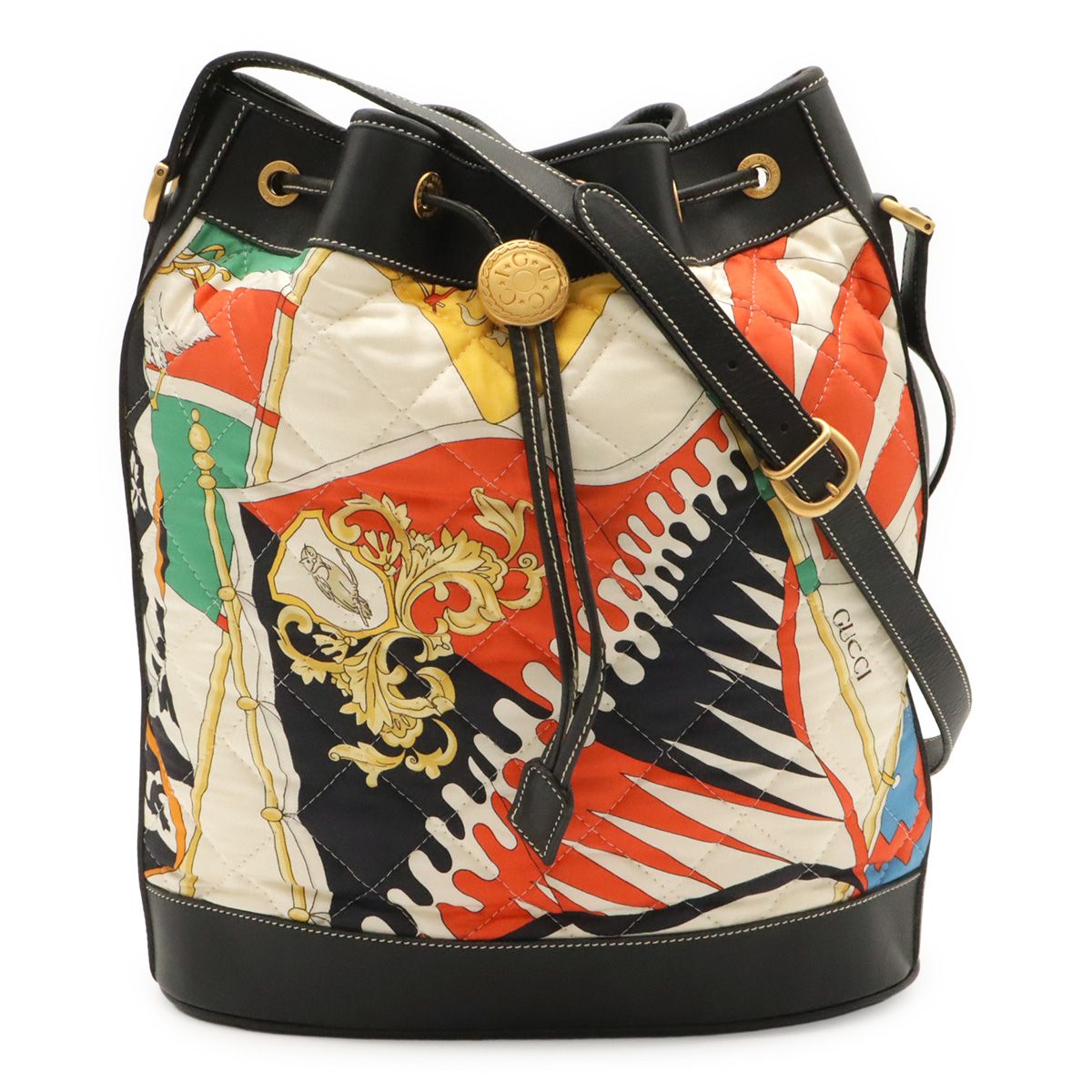 Gucci Shoulder Bag Drawstring Scarf Pattern Quilted Nylon Black Multicolor