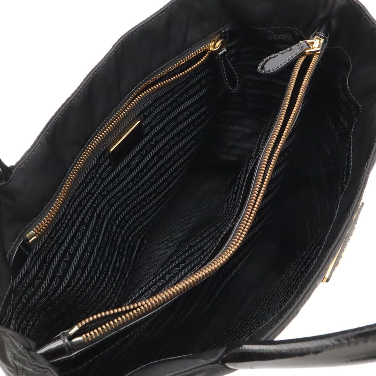 Prada Triangle Logo Tote Shoulder Bag Nylon Patent Nero Black Gold — view 5