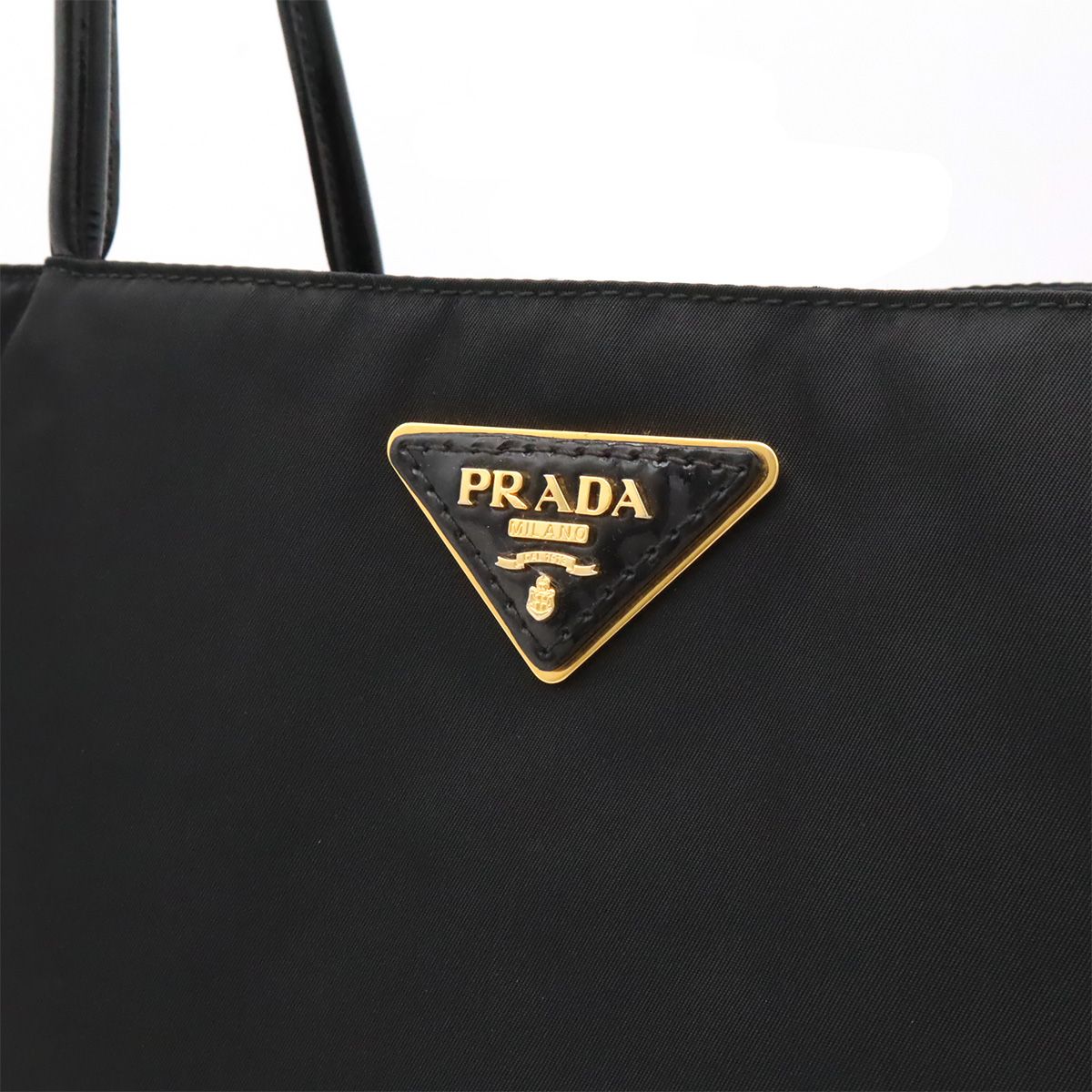 Prada Triangle Logo Tote Shoulder Bag Nylon Patent Nero Black Gold — view 8