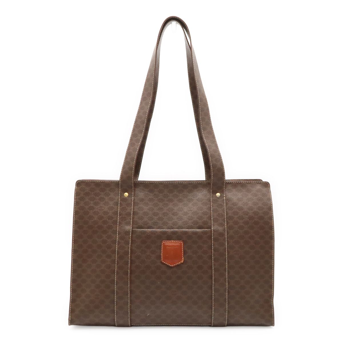 Celine Macadam Pattern Tote Shoulder Bag Leather Dark Brown Gold