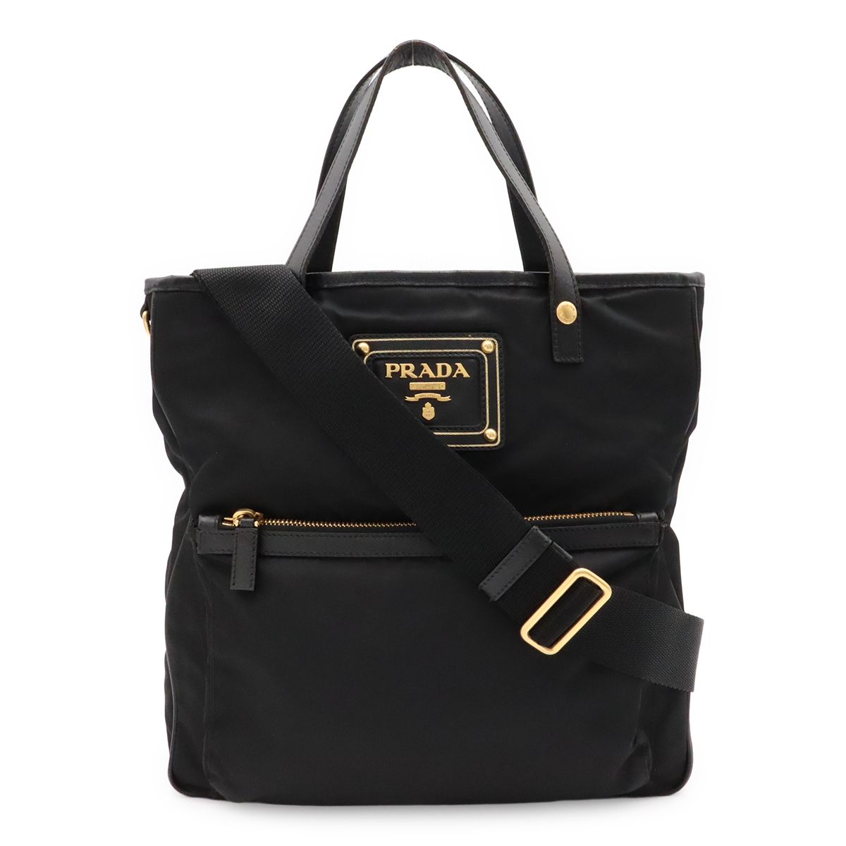 Prada Tote 2-Way Shoulder Bag Crossbody Nylon Leather Nero Black Gold