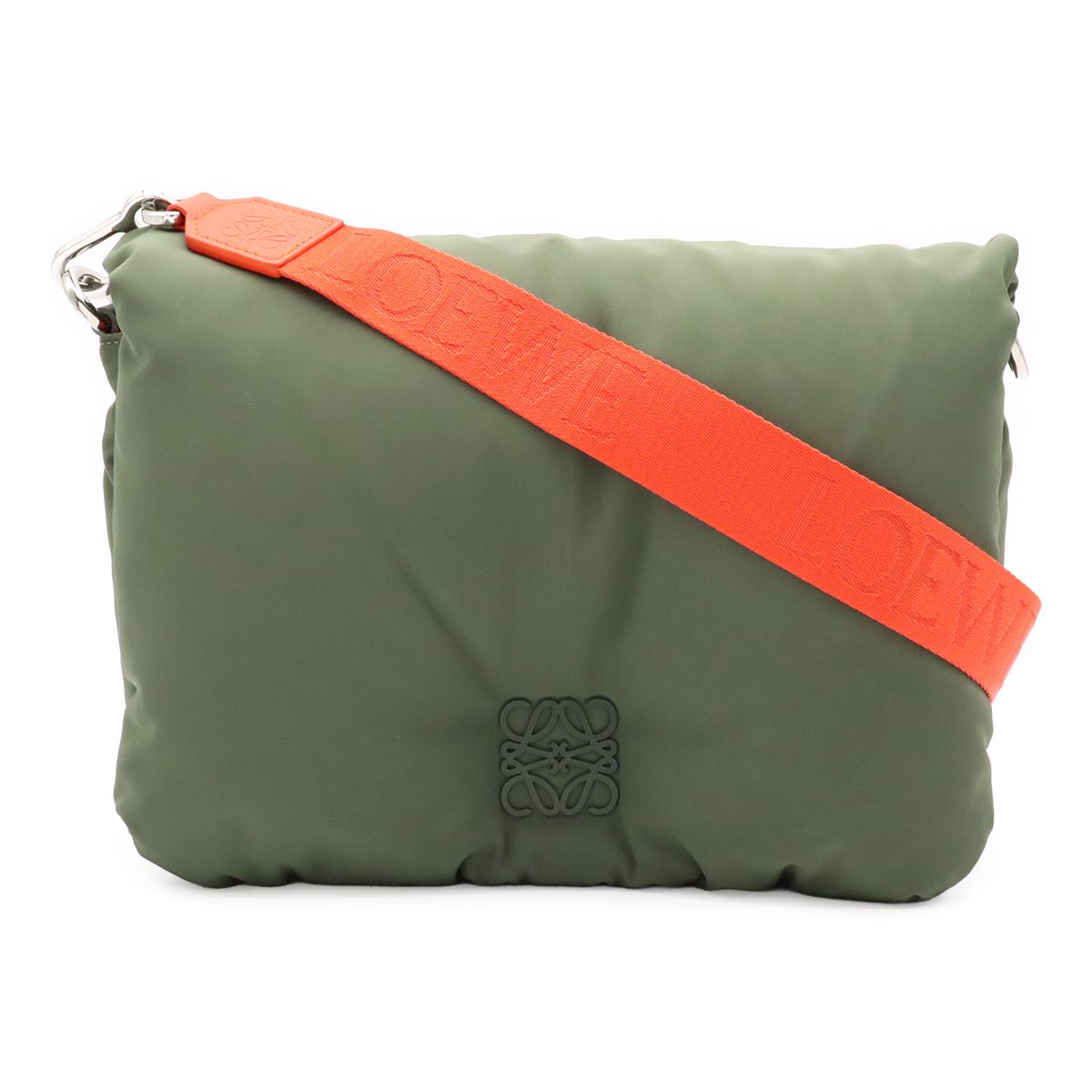 Loewe Anagram Puffer Goya Shoulder Bag Nylon Khaki Green Orange Silver