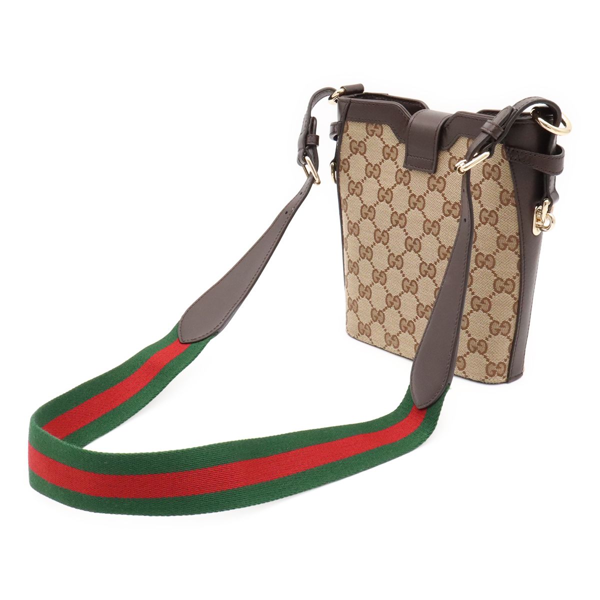 Gucci GG Canvas Mini Bucket Bag Leather Beige Dark Brown Green Red Gold — view 2