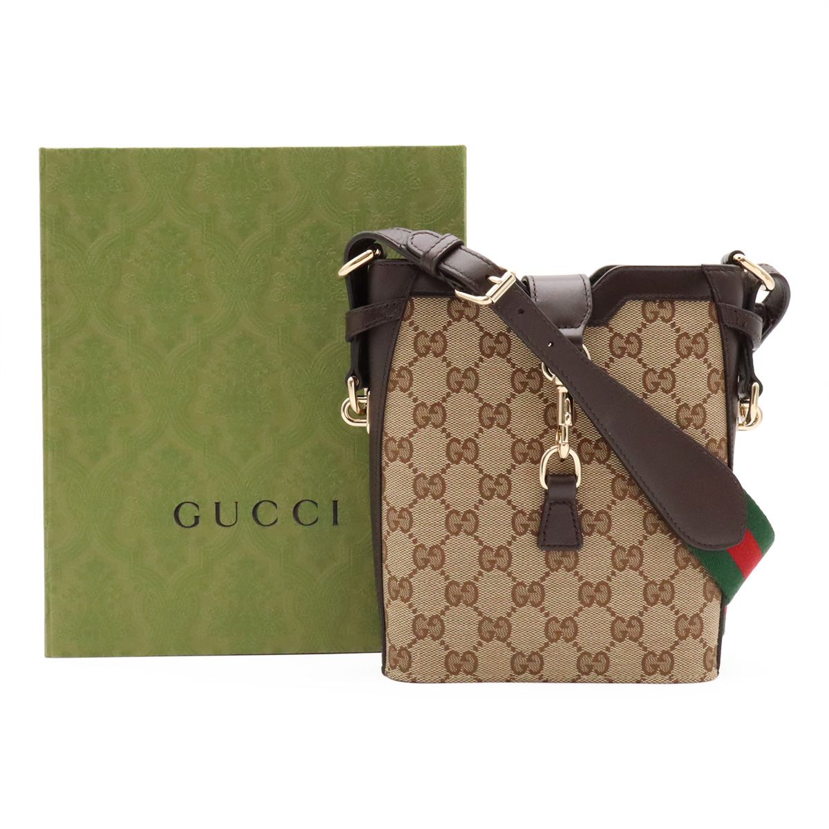 Gucci GG Canvas Mini Bucket Bag Leather Beige Dark Brown Green Red Gold — view 7