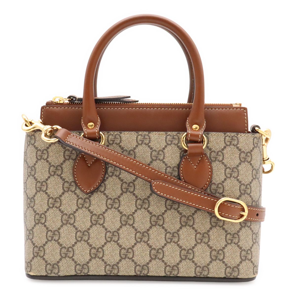 Gucci GG Supreme Mini Bag 2-Way Crossbody Leather Beige Brown Gold