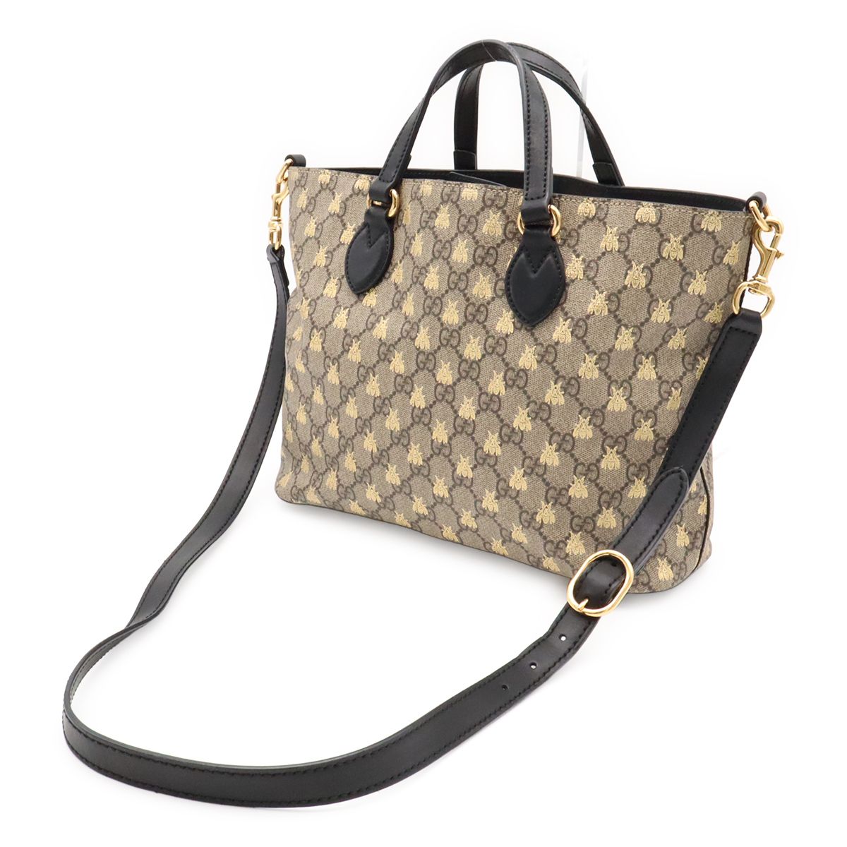 Gucci GG Supreme Bee Tote 2-Way Shoulder Bag Leather Beige Black Gold — view 2