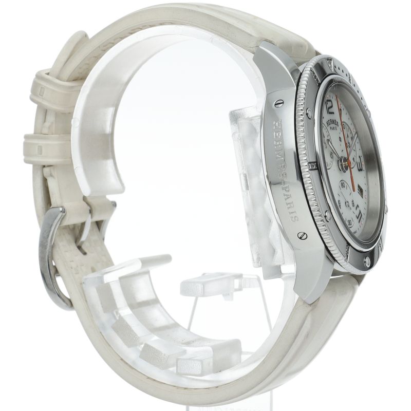 Hermes Clipper Chronograph Diamond Bezel Shell SS Rubber Watch White — view 4
