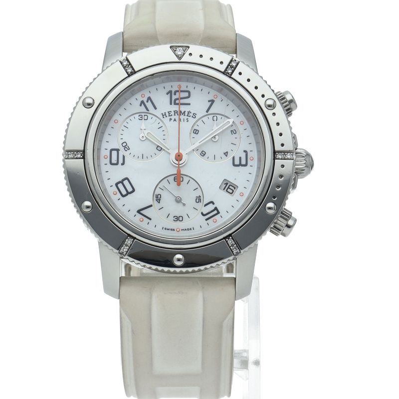 Hermes Clipper Chronograph Diamond Bezel Shell SS Rubber Watch White — view 2