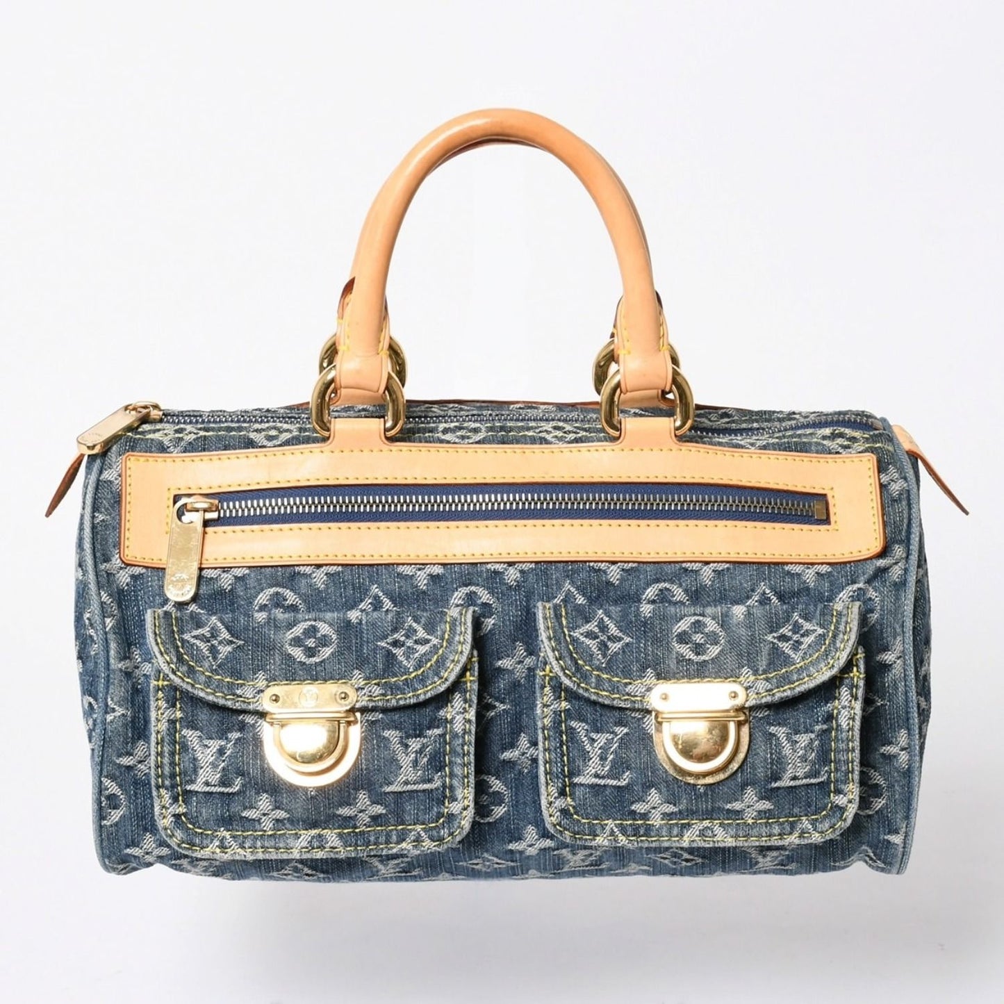 Louis Vuitton Neo Speedy Handbag Monogram Denim Indigo Blue Gold