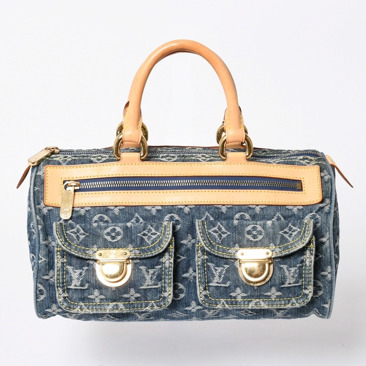 Louis Vuitton Neo Speedy Handbag Monogram Denim Indigo Blue Gold