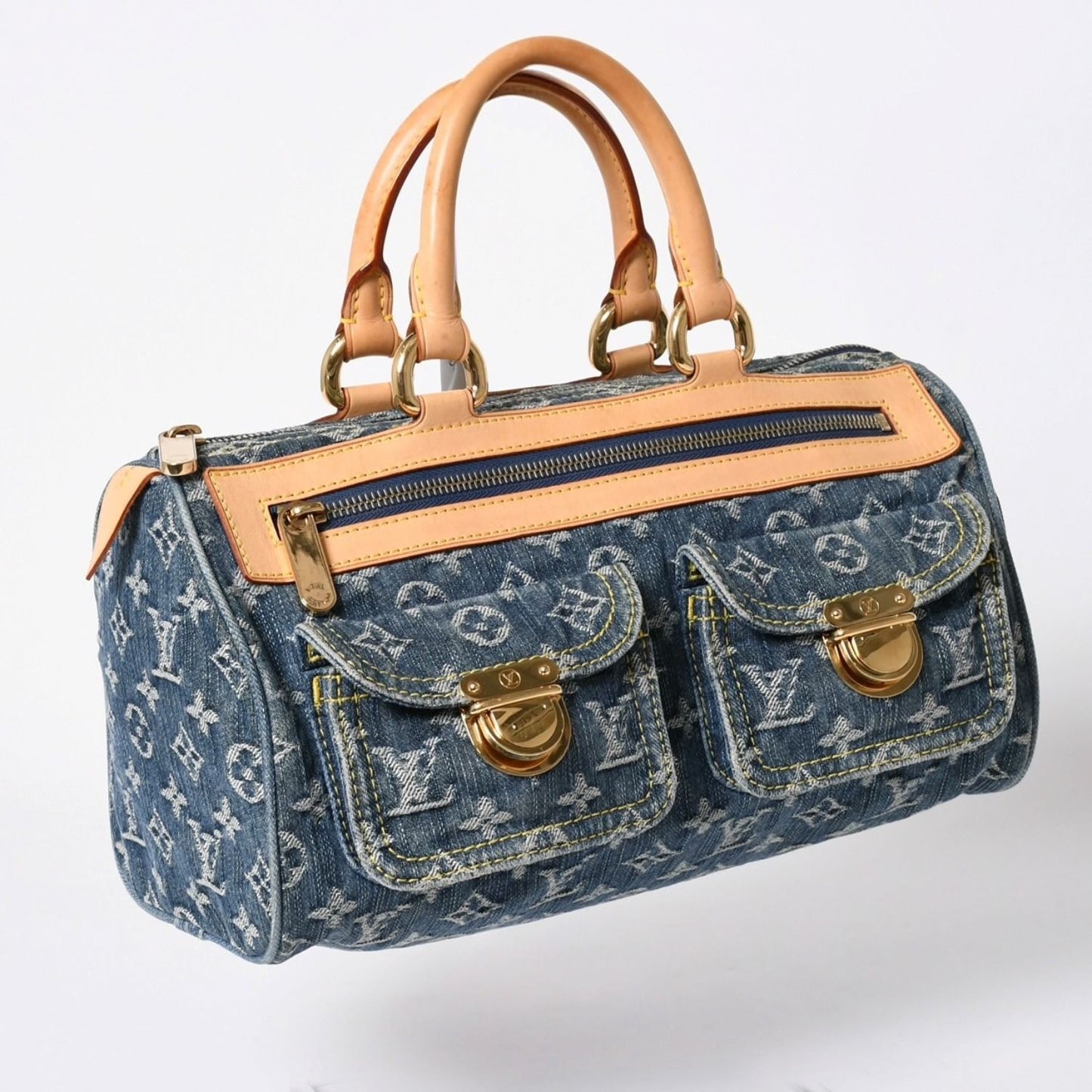 Louis Vuitton Neo Speedy Handbag Monogram Denim Indigo Blue Gold — view 3