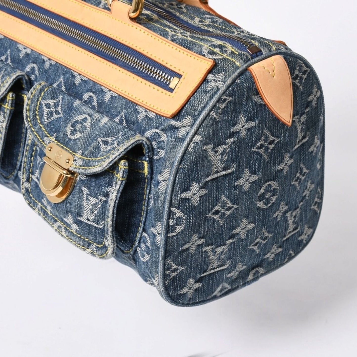 Louis Vuitton Neo Speedy Handbag Monogram Denim Indigo Blue Gold — view 4