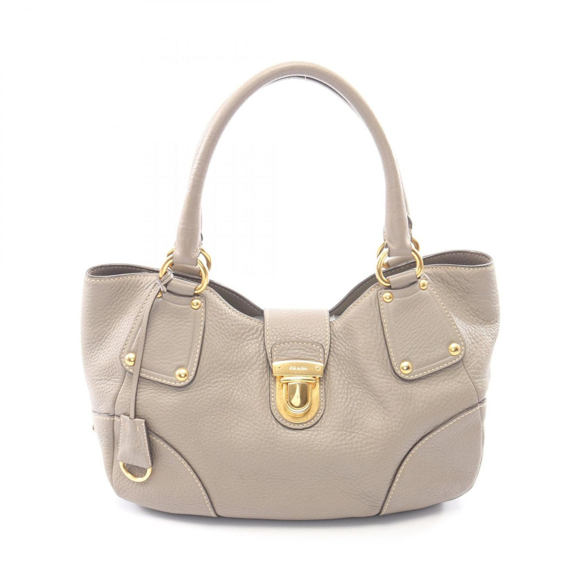 Prada Handbag Vitello Daino Gray Leather Triangle Logo Tote