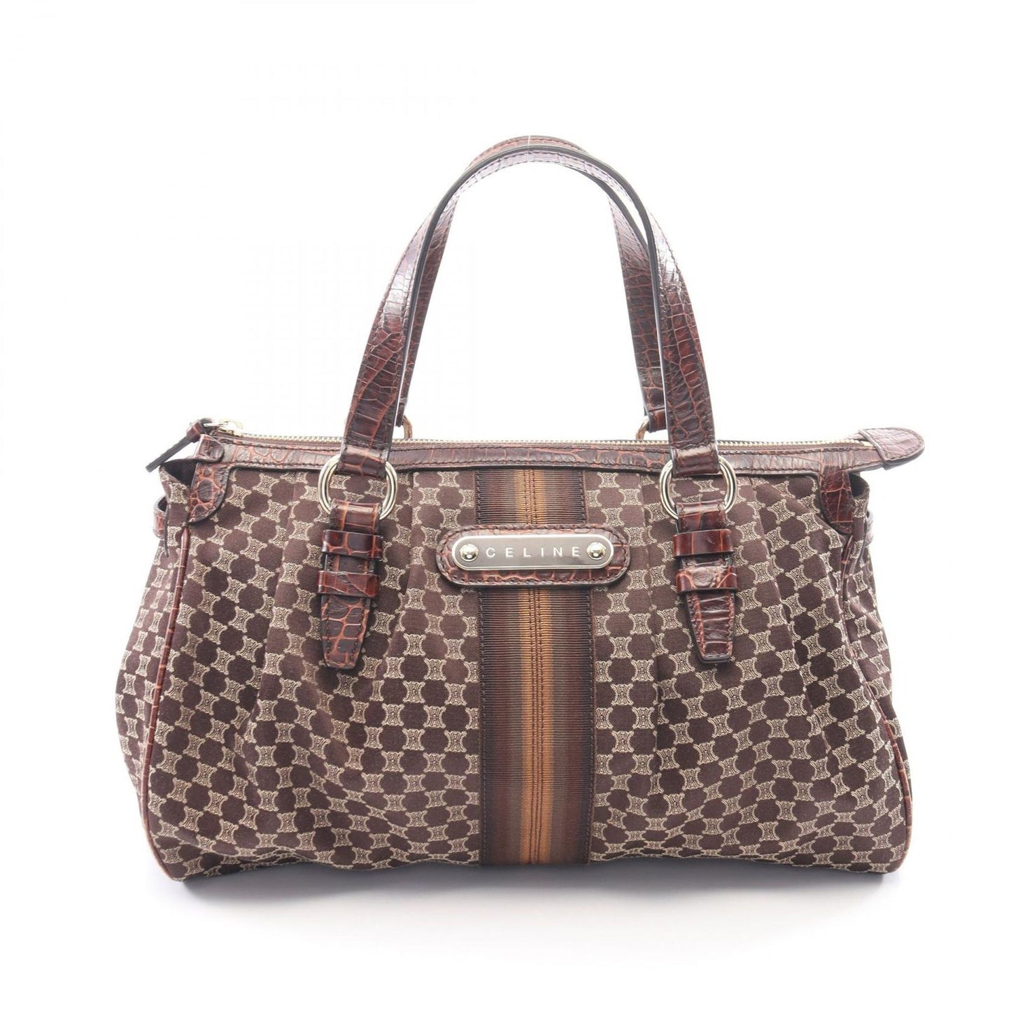 Celine Handbag Macadam Croco Embossed Brown Canvas Leather