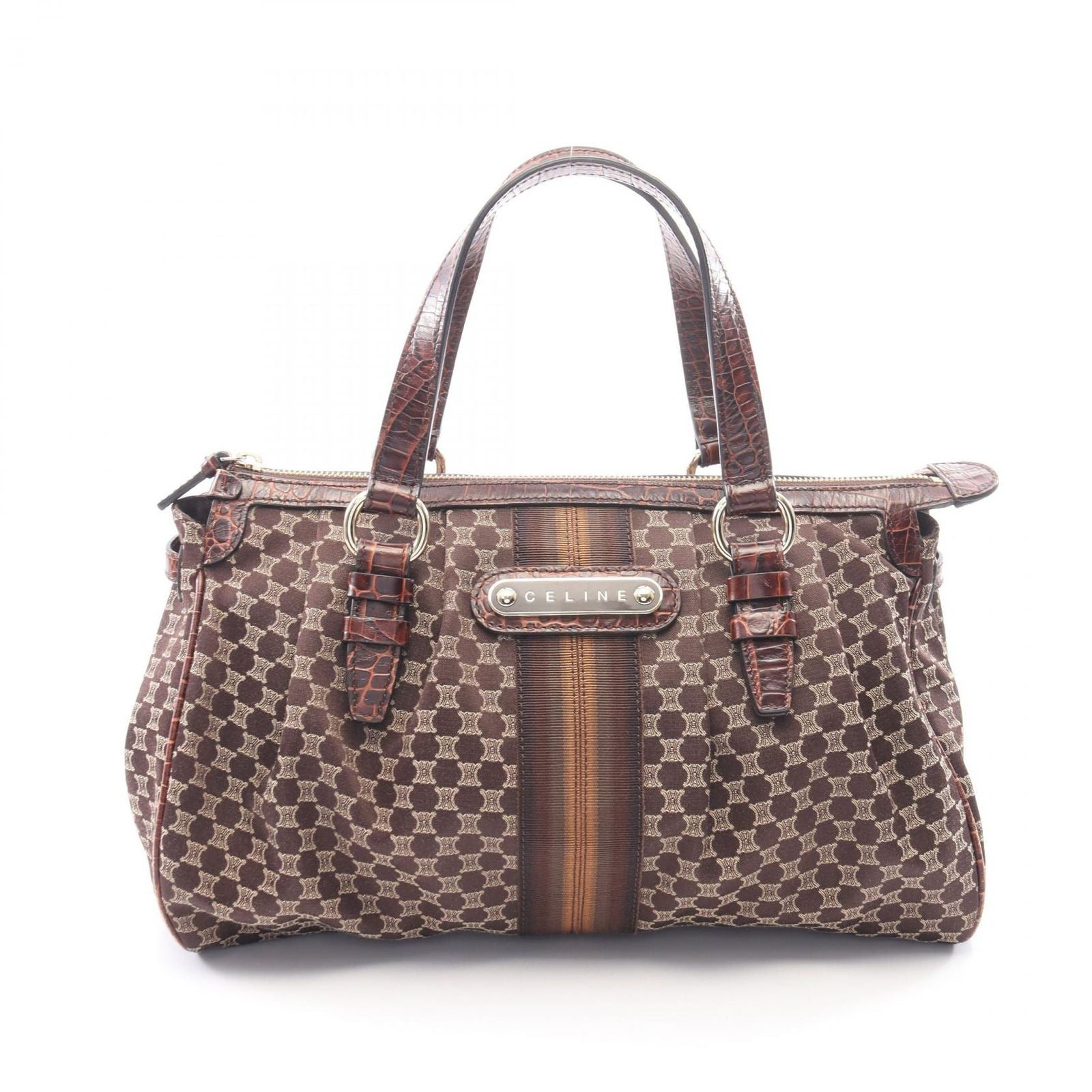 Celine Handbag Macadam Croco Embossed Brown Canvas Leather