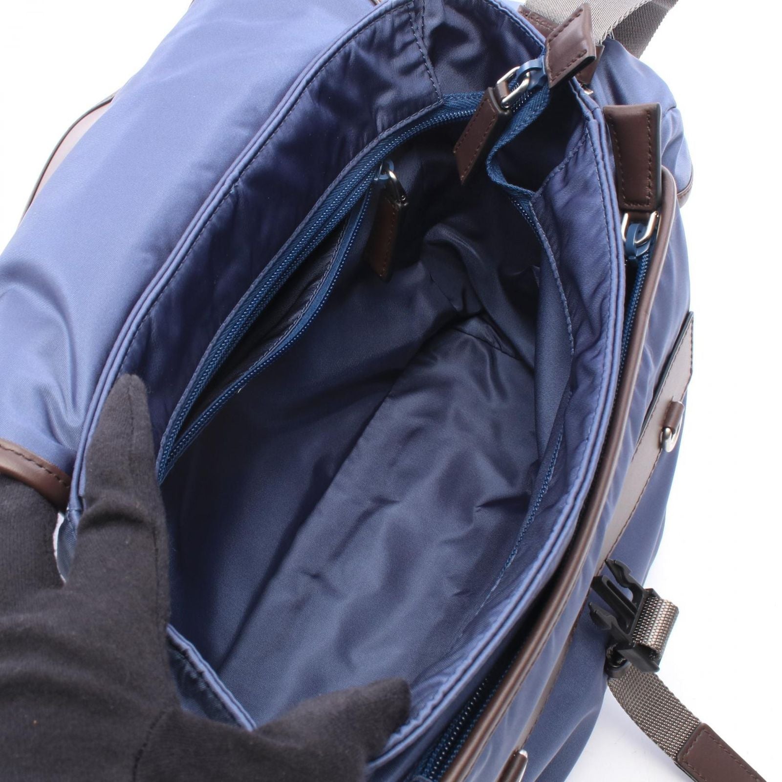 Prada Shoulder Bag Re-Nylon Flap Blue Gray Nylon Leather to Line Guru Logo — view 3
