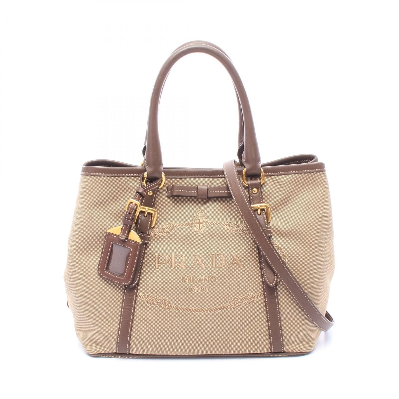 Prada Handbag Logo Jacquard 2-Way Brown Canvas Leather Tote