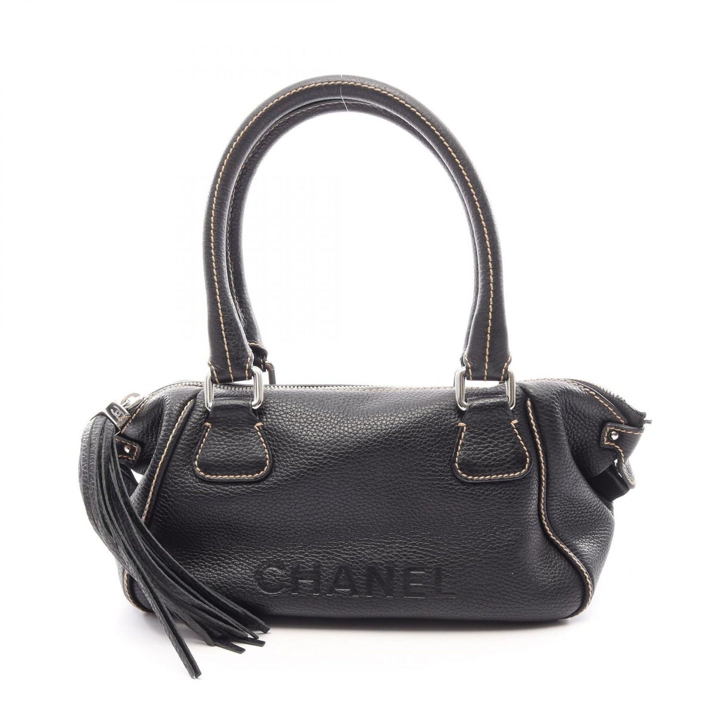 Chanel Handbag Logo Fringe Black Leather