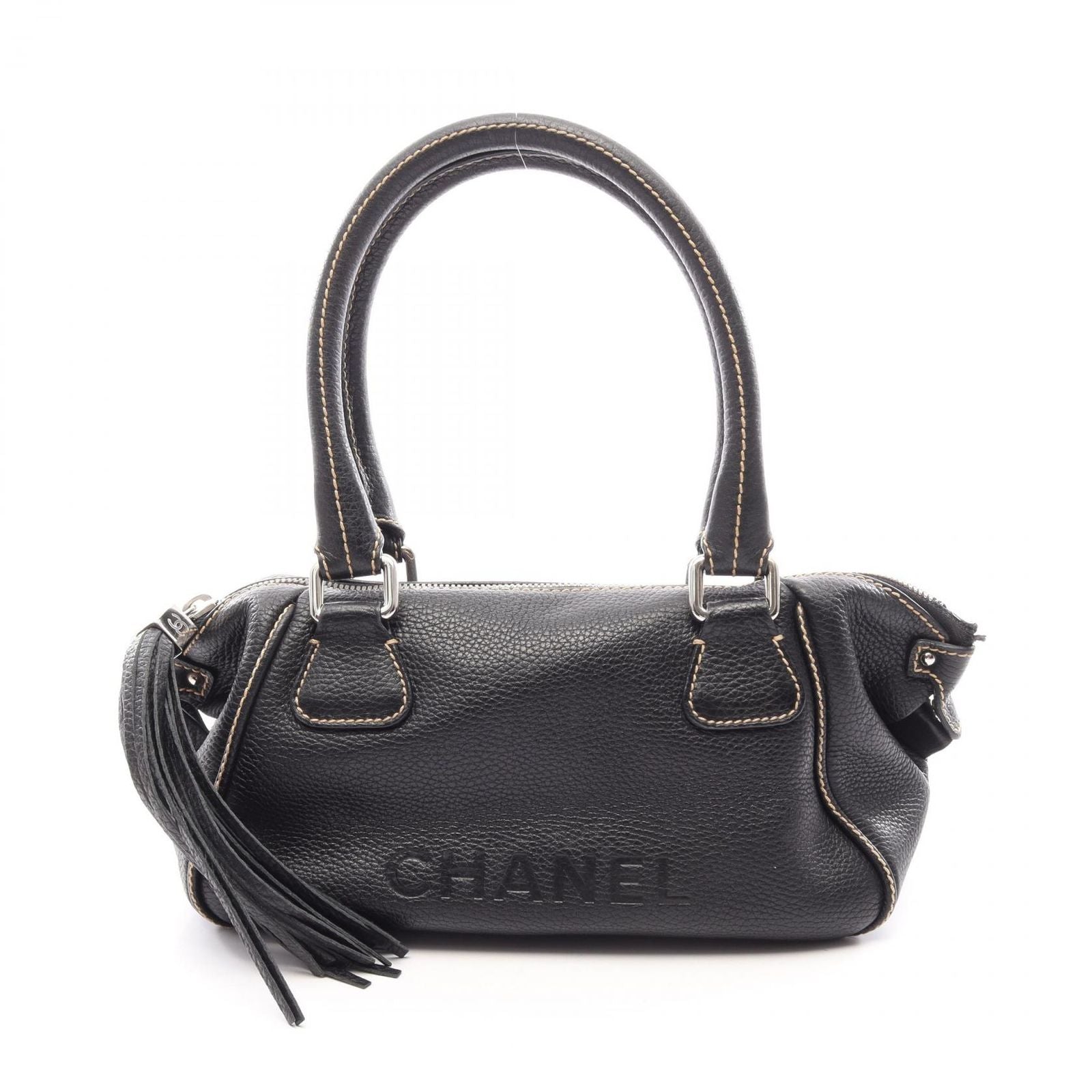 Chanel Handbag Logo Fringe Black Leather