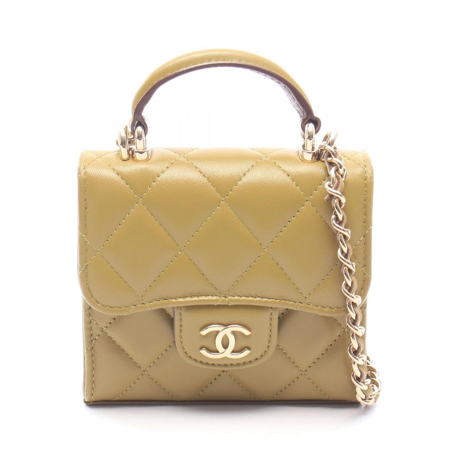 Chanel Shoulder Bag Mini Quilted Chain Clutch Khaki Leather