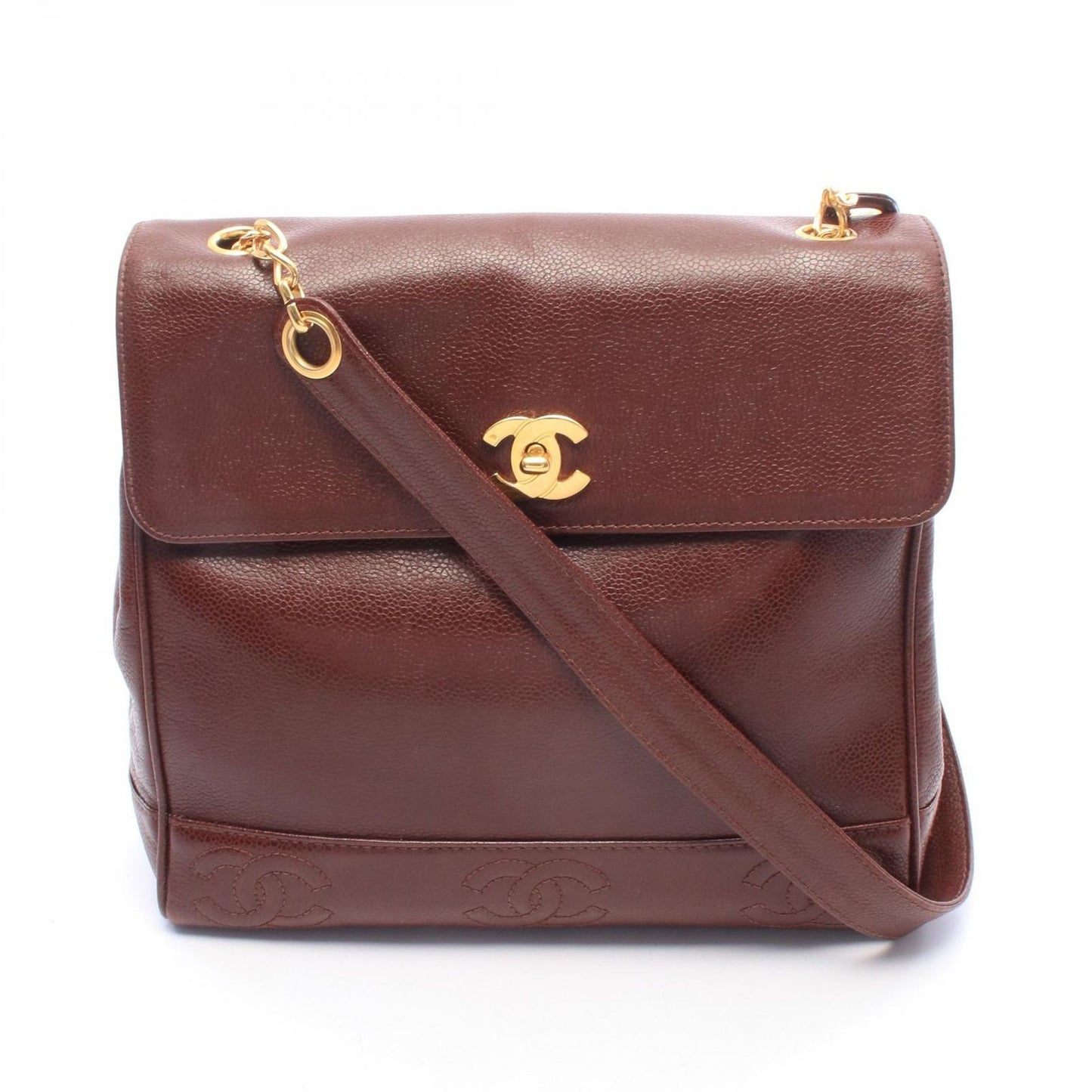 Chanel Shoulder Bag Triple CC Logo Brown Caviar Leather Coco