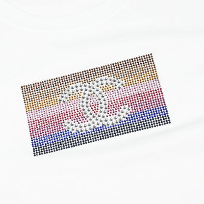Chanel Short Sleeve T-Shirt CC Logo Rhinestone White Cotton — view 6