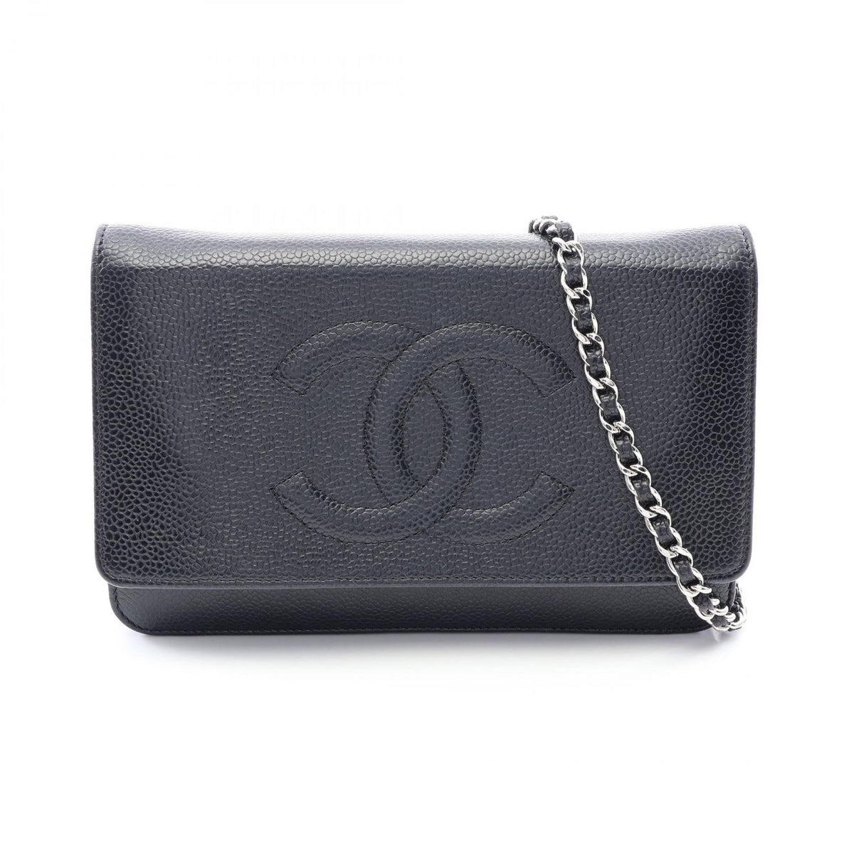 Chanel Shoulder Bag CC Logo Black Caviar Leather Quilted Chain Wallet