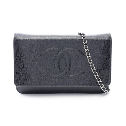 Chanel Shoulder Bag CC Logo Black Caviar Leather Quilted Chain Wallet