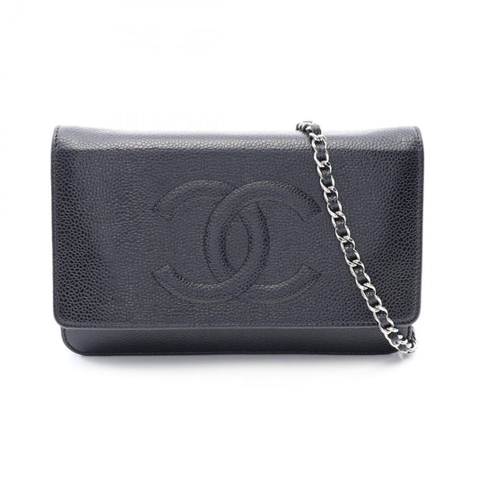 Chanel Shoulder Bag CC Logo Black Caviar Leather Quilted Chain Wallet