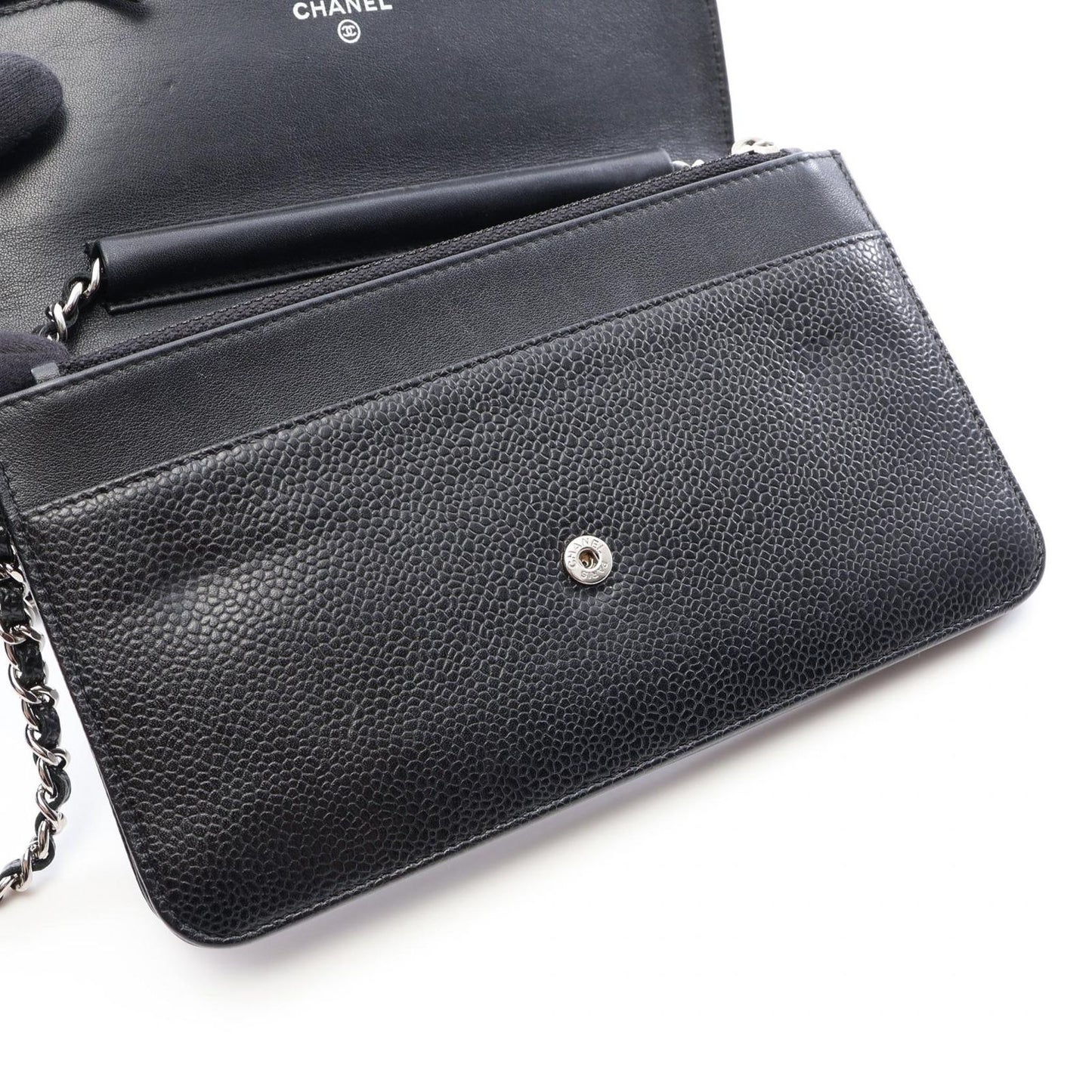 Chanel Shoulder Bag CC Logo Black Caviar Leather Quilted Chain Wallet — view 6