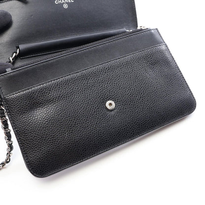 Chanel Shoulder Bag CC Logo Black Caviar Leather Quilted Chain Wallet — view 6