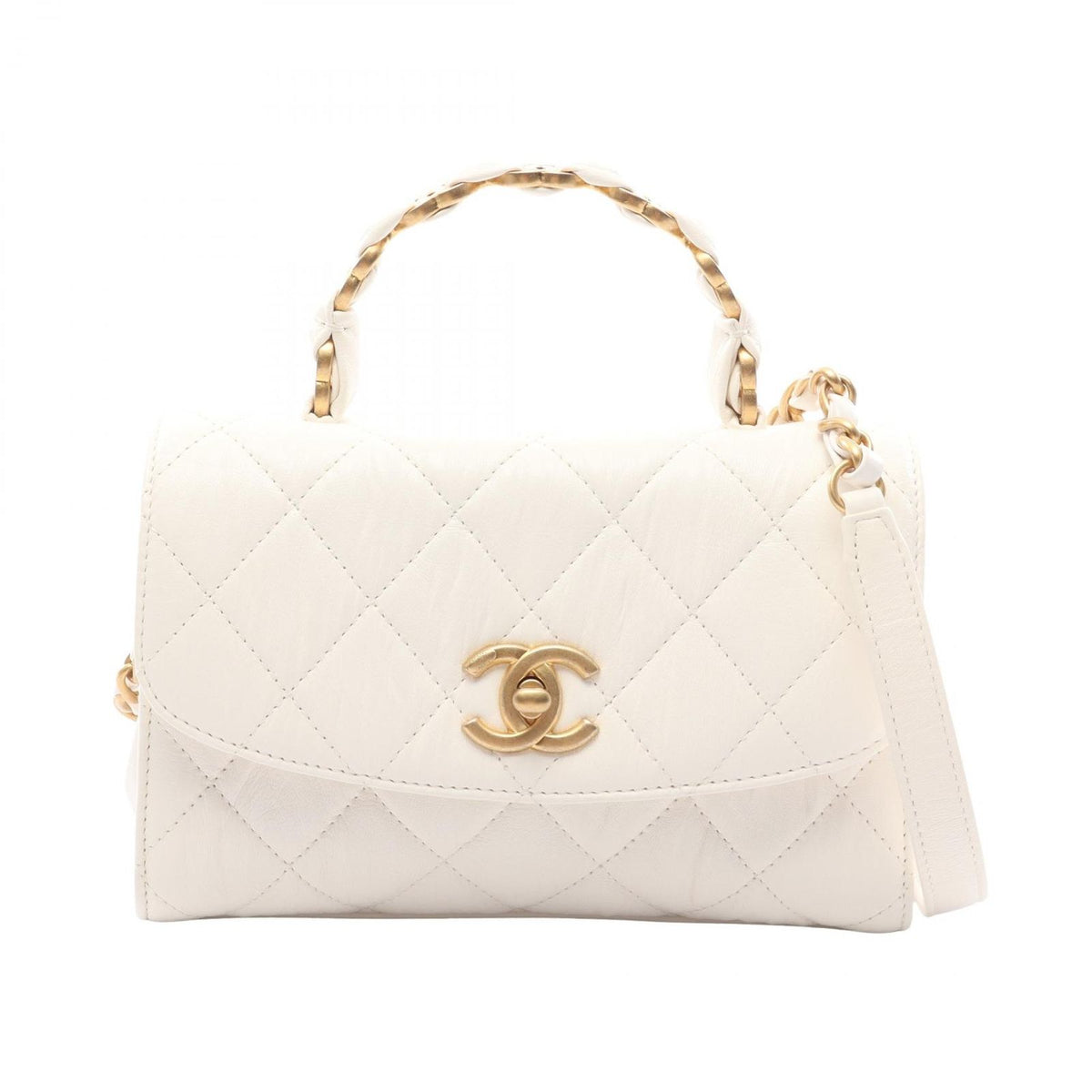 Chanel Shoulder Bag Quilted Top Handle White Leather Top 2-Way Chain