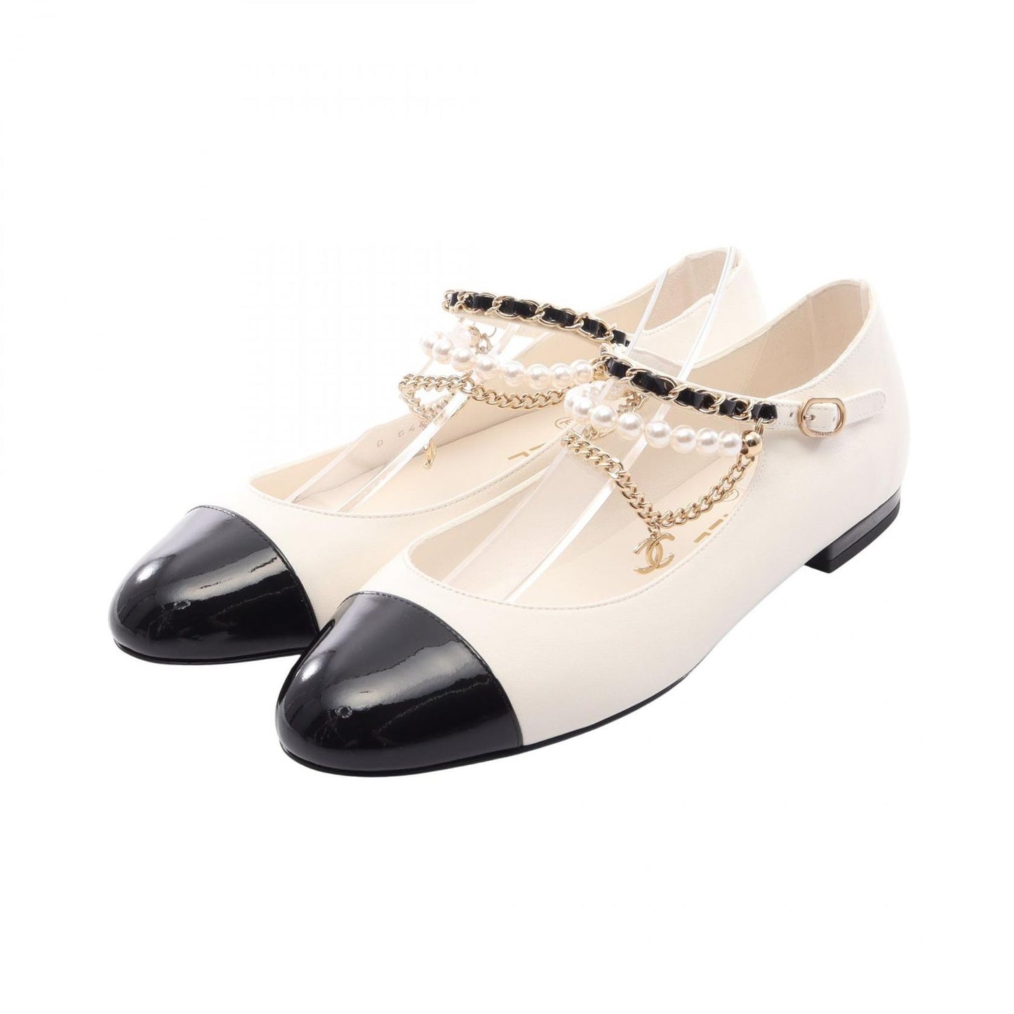 Chanel CC Logo Chain Mary Jane White Leather Patent Flat Shoes