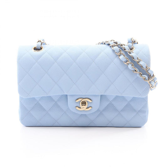 Chanel Shoulder Bag Quilted Double Flap Light Blue Caviar Leather Chain