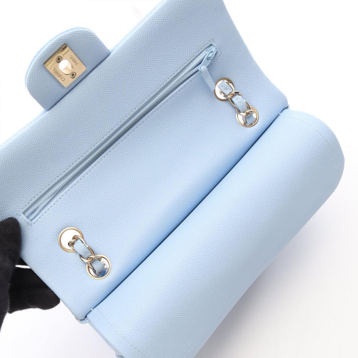 Chanel Shoulder Bag Quilted Double Flap Light Blue Caviar Leather Chain — view 6