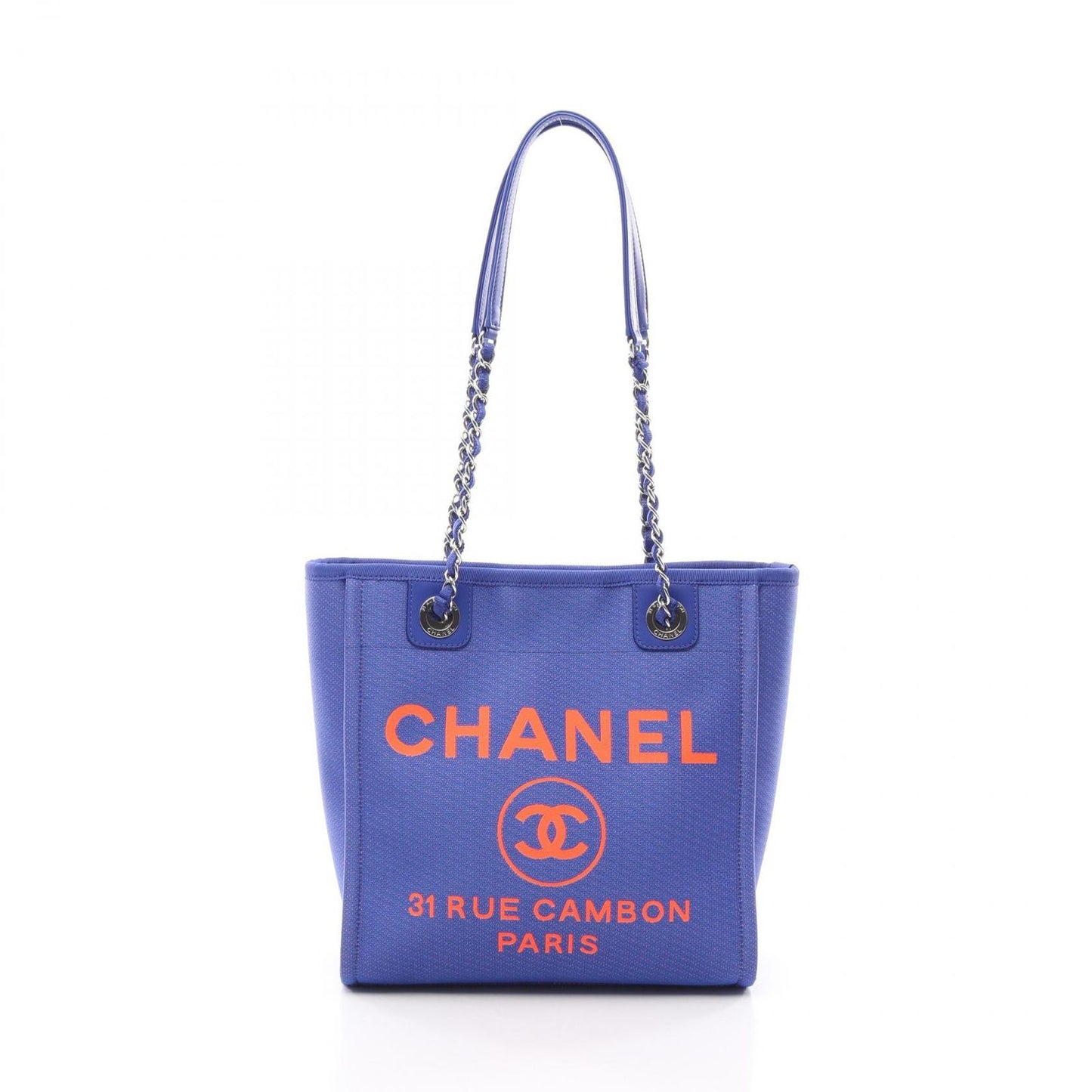Chanel Tote Bag Deauville PM Blue Neon Orange Canvas Leather Chain PM