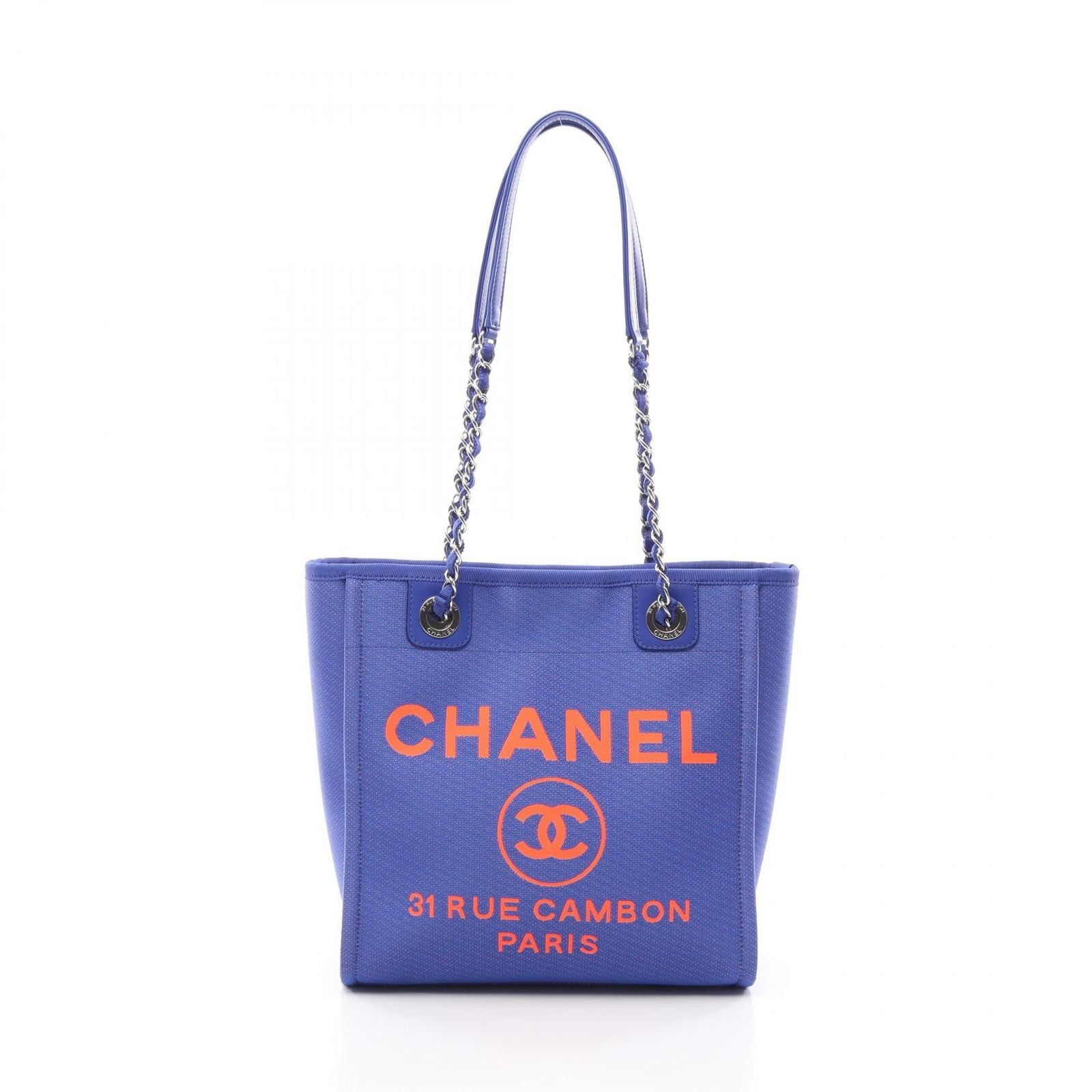 Chanel Tote Bag Deauville PM Blue Neon Orange Canvas Leather Chain PM